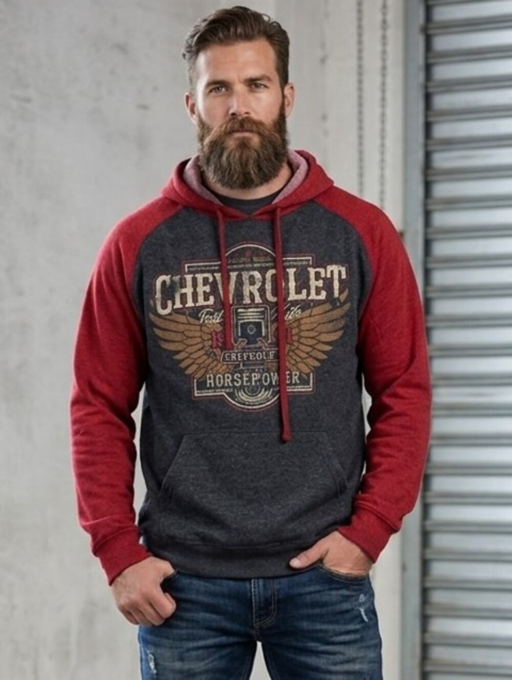 Chevrolet Men's Red & Charcoal Pullover Hoodie - Vintage Graphic